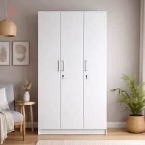 3 Door Wardrobe 12 Shelves with Off White Finish