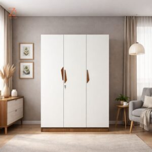 3 Door Wardrobe 6 Shelves with Hinger Space with Teak & White Finish