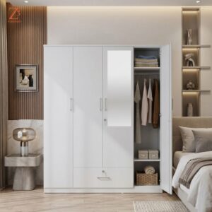 4 Door Wardrobe 4 shelves 2 hanging space 2 drawer with mirror White Finish 1