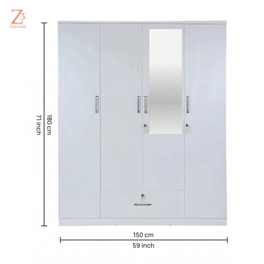 4 Door Wardrobe 4 shelves 2 hanging space 2 drawer with mirror White Finish 3