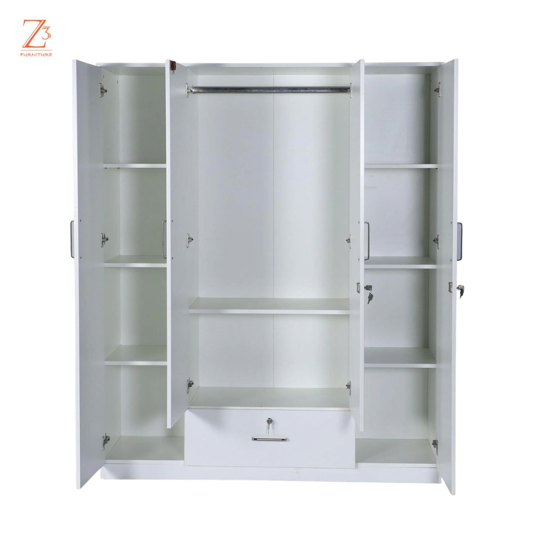 4 Door Wardrobe 4 shelves 2 hanging space 2 drawer with mirror White Finish 2