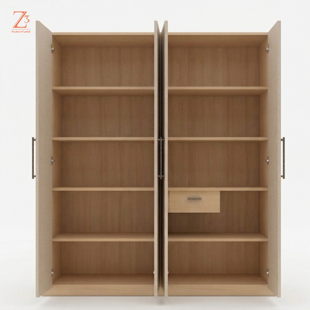 4 Door Wardrobe 8 shelves 2 hanging space 1 drawer with mirror 3