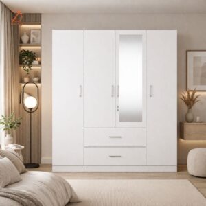 Four Door Wardrobe 11 shelves 1 hanging space 2 drawer with mirror