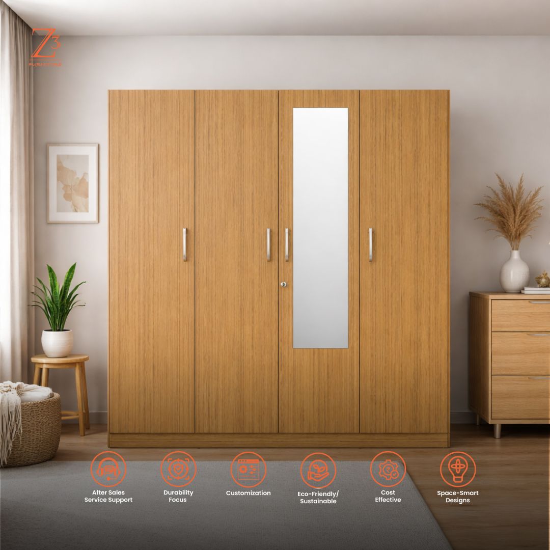 Four Door Wardrobe 12 shelves 1 hanging space 1 drawer with mirror