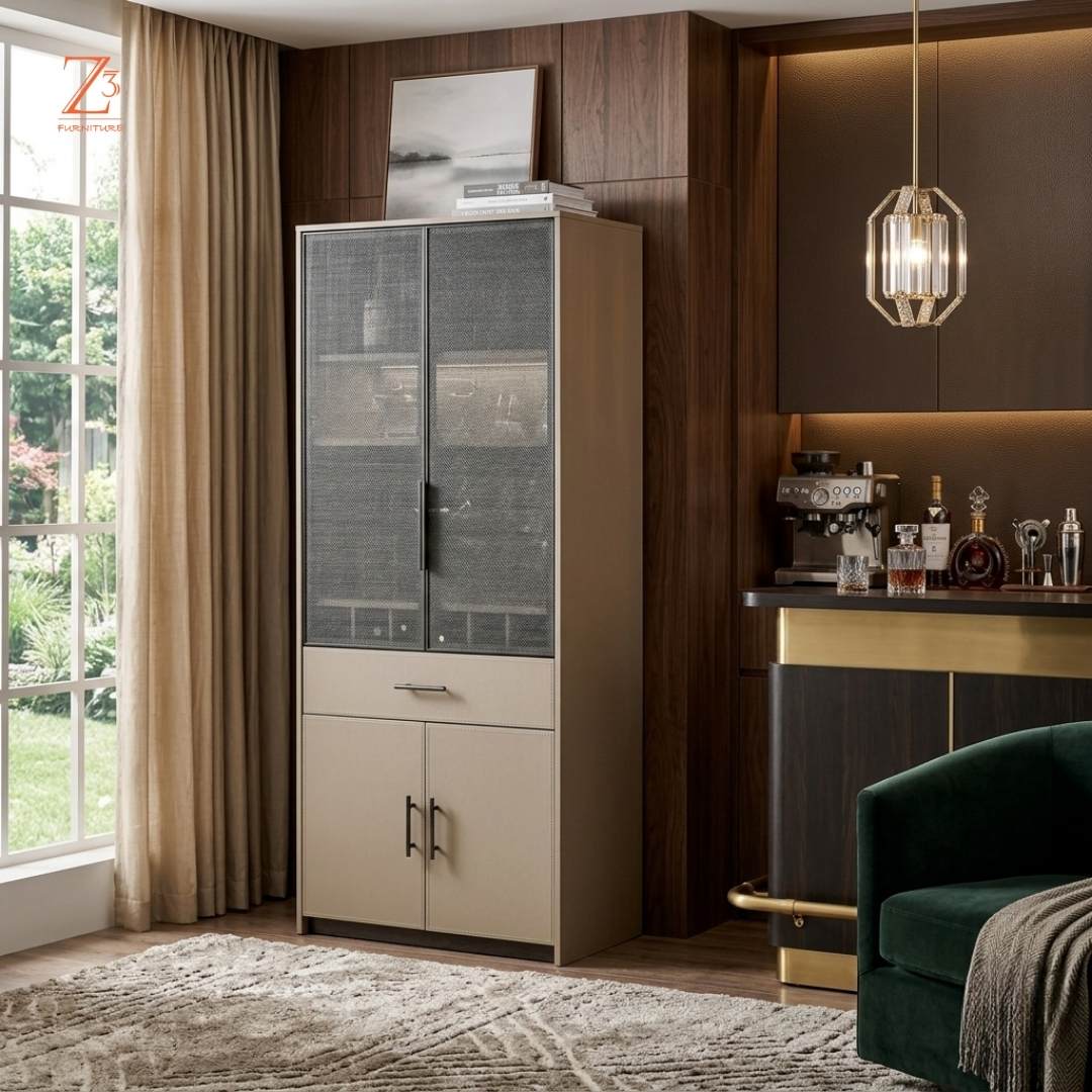 Celestia Luxe Bar Curio Cabinet – Champagne Beige zcube Furniture 2