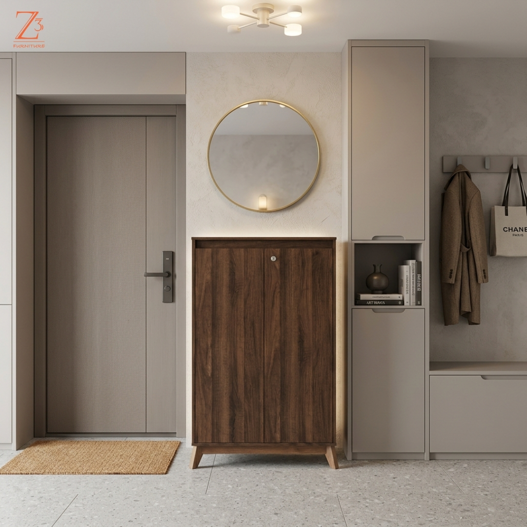 Elite Walnut Shoe Cabinet with Lock Storage Z cube Furniture 2