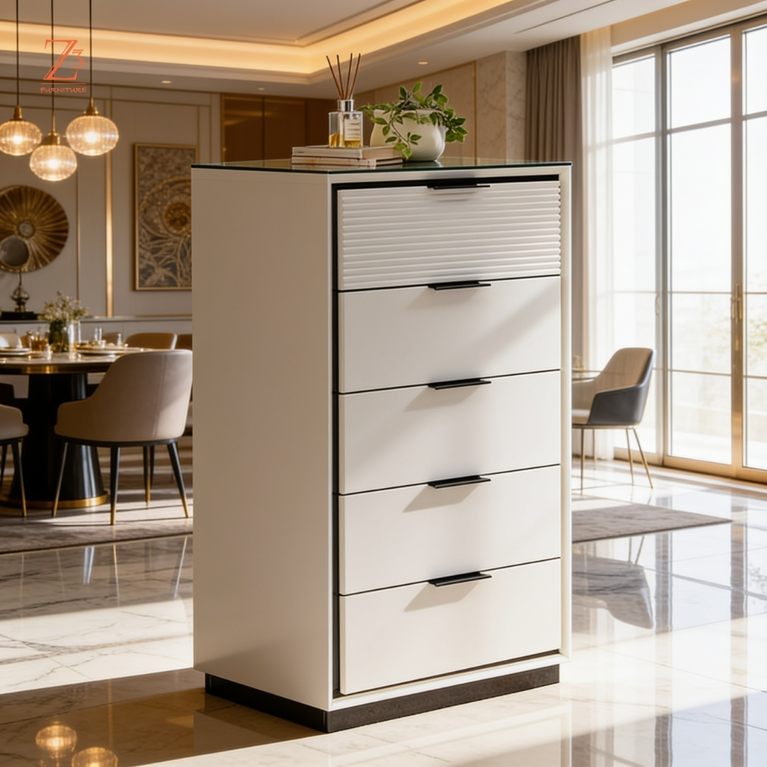 PearlLine 5 Drawer Chest of Drawers – Pure White zcube Furniture 2