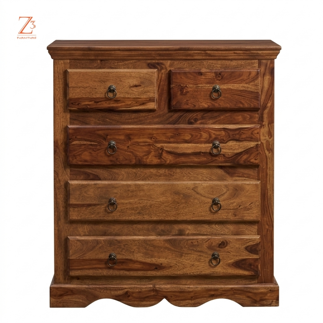 RoyalSheesham 5 Drawer Chest of Drawers – Heritage Brown zcube Furniture 1