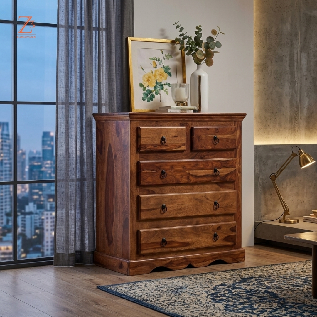 RoyalSheesham 5 Drawer Chest of Drawers – Heritage Brown zcube Furniture 2